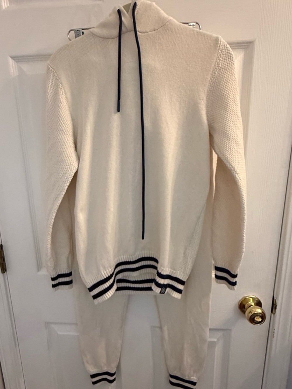 Ivory Turtleneck Hoodie Sweater Set with Navy Stripe Trim